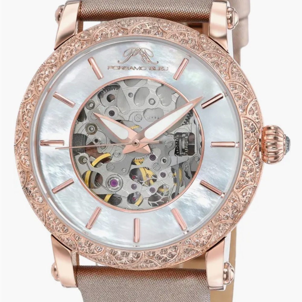 NIB Liza Automatic Satin Leather Porsamo Bleu Gold-Pearl Watch Topaz Bezel